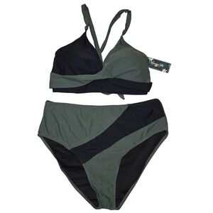 Blooming Jelly Womens High Waisted Bikini Set Olive Green Black Twist Front XL